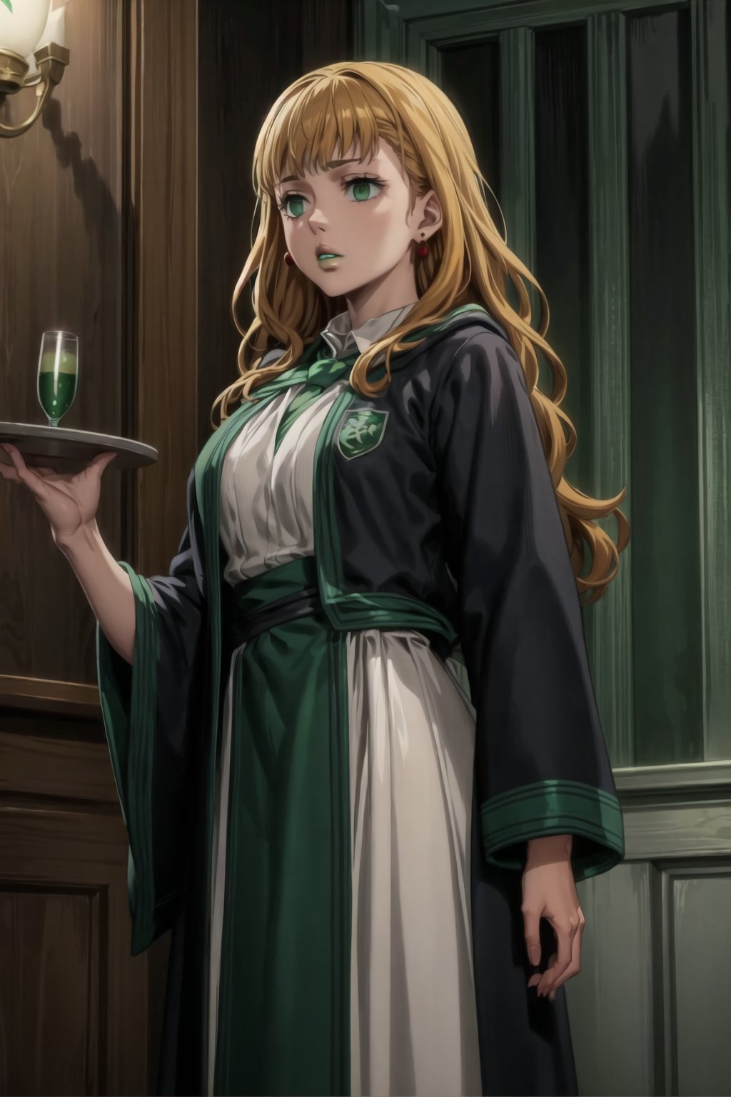 (best quality), (highly detailed), masterpiece, (official art),mimosa vermillion, orange hair, wavy hair , light green eyes, , ((hogrobe)), ((black robe,slytherin)), green tie, magic, (green lips), (lips:1.2), holding tray, tray, earrings, jewlery, expressionless, (best quality), (highly detailed), masterpiece, (official art), green eyes ,(empty eyes), green eyes,b1mb0