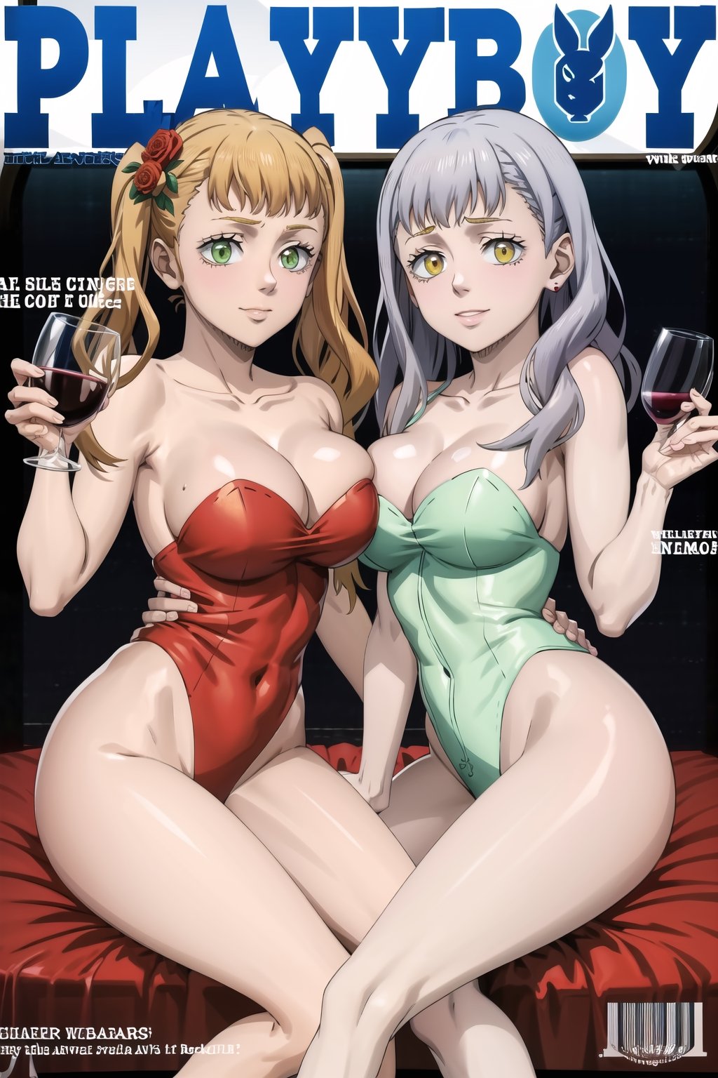 masterpiece, best quality, highres, ,mimosa vermillion, orange hair, ,green eyes, noelle_silva twintails, silver hair, purple eyes,magazine cover, playboy,  (((multiple girls,  2girls))),  sexy, hot, seductve smile, leotard, hair ornament,flower, hair flower, english text, cup, orange eyes,  rose, alcohol, drinking glass, wine glass, wine, barcode, 
