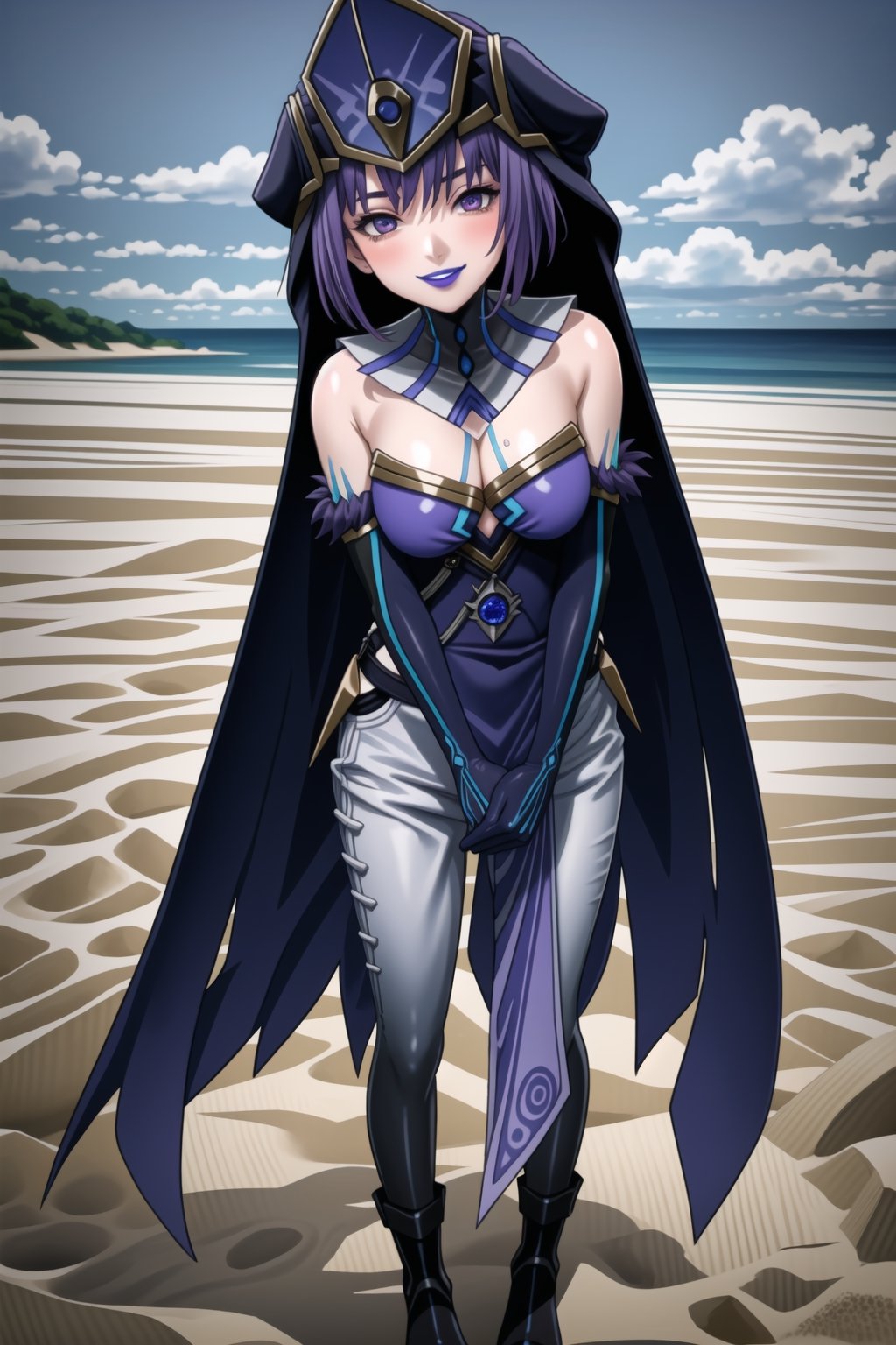 ((best quality)),  ((highly detailed)), ((sumire kakei, long hair:1.2, purple hair, purple eyes)) , masterpiece, 1girl,  evil smile:1.2, smug, seductive smile, solo, ,lips, makeup, ,standing,  MirrorMaiden, dress, cleavage, makeup, lipstick, ((blue lips:1.2)), blue headwear, hat, fur trim, blue gloves, gloves, elbow gloves, white pants,boots,  blush, beach, sand, water, posing, outdoors, ,MirrorMaiden,sumire kakei,<lora:659111690174031528:1.0>