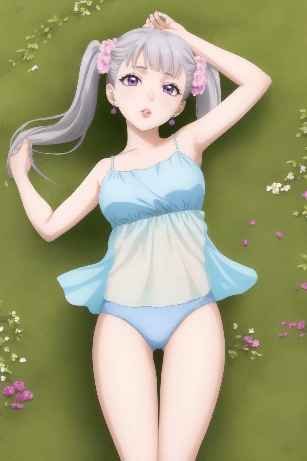 masterpiece, best quality, highres,Sexy, noelle_silva, dreamy purple eyes, earrings, with astounding soft skin and soft pale body, body covered in noelles flowers, (twintail silver hair:1.05), sensual look, looking at you, lips, lying on a field of noelles, fulll body, frontal view, strange fashion Women'sday_theme (Professional illustration)