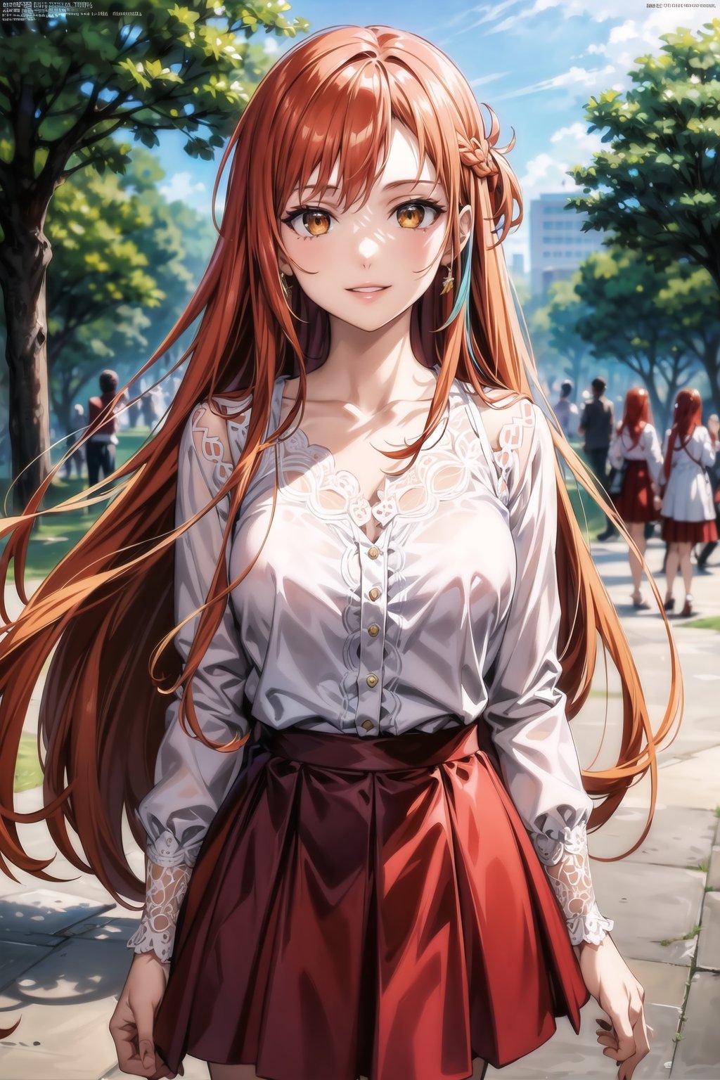 (best quality), (highly detailed), masterpiece, (official art), , aaasuna ,brown eyes, long hair, (orange hair), (multicolores hair:1.2, red hair:1.2),, smile, (lips),  white blouse,  long sleeves,  collarbone,  pleated skirt,  red skirt,  medium breast,  standing, , (park), (tree), standing (intricately detailed,  hyperdetailed),  blurry background, depth of field,  best quality,  masterpiece,  intricate details,  tonemapping,  sharp focus, hyper detailed, trending on Artstation,1 girl, solo,high res,official art, ,edgCJ