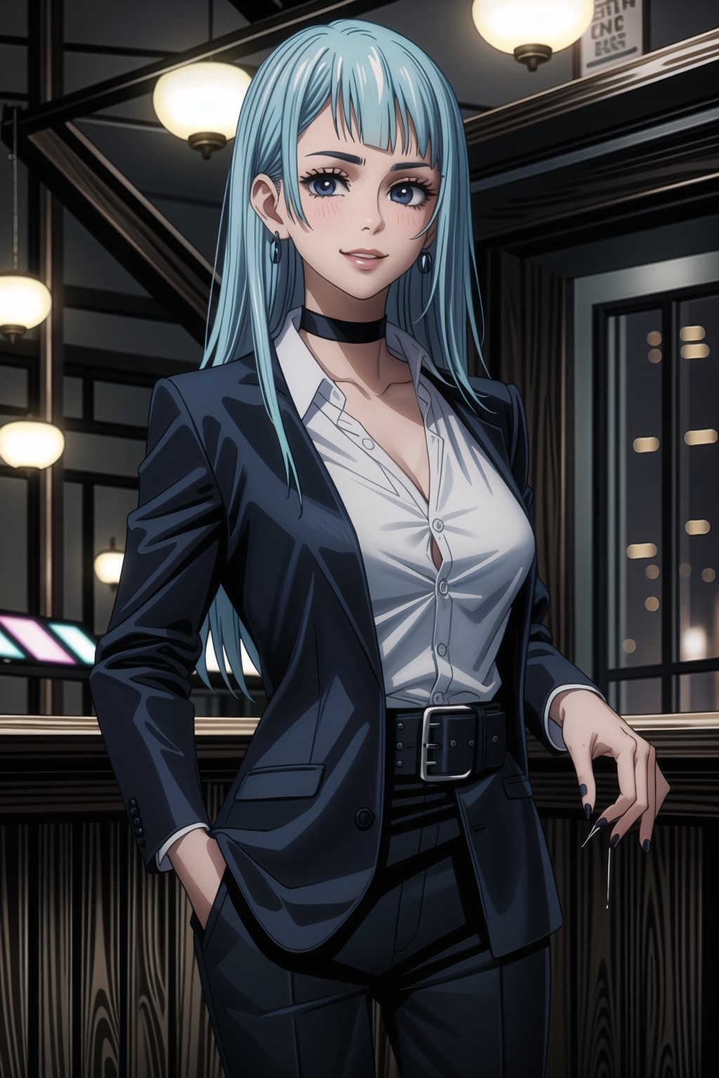 ((best quality)),  ((highly detailed)),  masterpiece,1girl, 1girl, (lips:1.2), seductive smile, smirk, naughty_face,nail polish, solo,   black pants,  formal,  black jacket,  open jacket,  (white shirt),  belt, ,  black jacket, (black suit),  long sleeves,  shirt tucked in,, (black choker), blush, earrings, black nails, looking at viewer, standing, cowboy shot, fingernails,  bar,outdoor,lamp,nigth,space, alcohol, sexy pose:1.2, purple nails, wristband , blue hair, long hair, blue eyes, bangs, blunt bangs, straight hair,Miwa,<lora:659111690174031528:1.0>