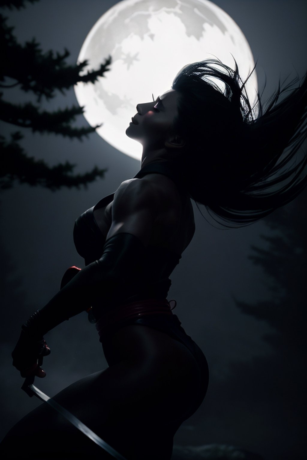 (best quality,4k,highres,masterpiece:1.2),ultra-detailed,(realistic:1.37),night,black-clad kunoichi emerging from darkness with ((numerous scars)),stealthily dancing shadows,deadly silent,eyes gleaming with determination,strong physique,powerful presence,vivid colors,dynamic composition,sharp focus,nighttime ambiance,subtle moonlight filtering through the trees,aura of mystery and danger,high contrast lighting,striking pose,fierce expression,her weapon of choice: a shining katana,whirling winds of the night,flowing hair,deft movements,flawless agility,exquisite attention to detail,dark silhouette against the night sky,perfect harmony of strength and grace,intense atmosphere,background featuring an ancient Japanese temple shrouded in mist,an air of ancient legends and tales,majestic cherry blossom trees,faces of past ninja warriors etched on the walls,an homage to a rich history,secretive mission,unseen enemies lurking in the shadows,a thrilling adventure waiting to unfold.