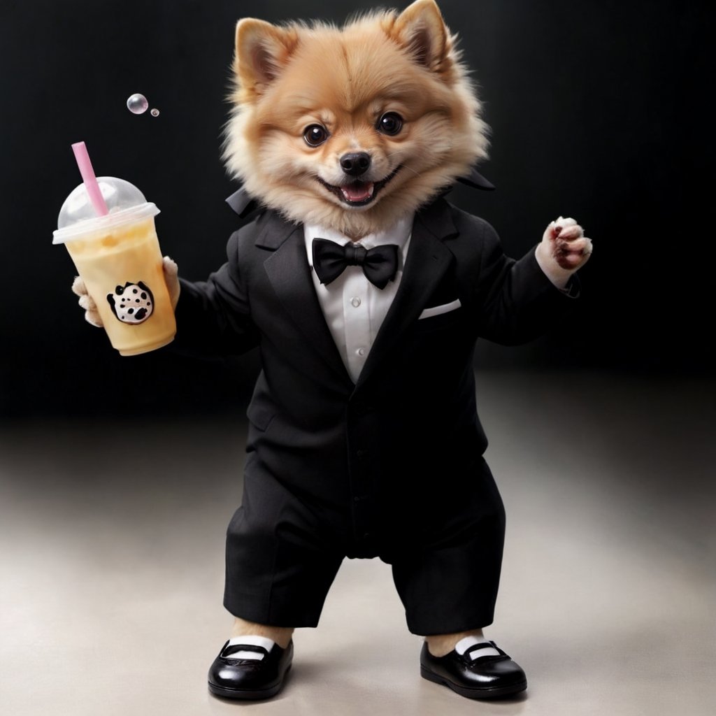 Masterpiece, high quality, A little baby pomeranian in black suit, cute baby face, white shirt, black pant, Black bow , black shoes, animal hand,animal feet, detail round head, holding a bubble tea pack, solid color background,Enhance,Retouch all bugs,Modern,Replay1988