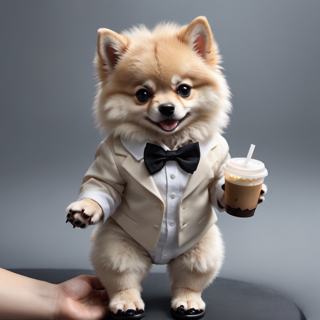 Masterpiece, high quality, A little baby pomeranian in black suit, cute baby face, white shirt, black pant, Black bow , black shoes, animal hand,animal feet, detail round head, holding a coffee pack, solid color background,Enhance,Retouch all bugs,Modern