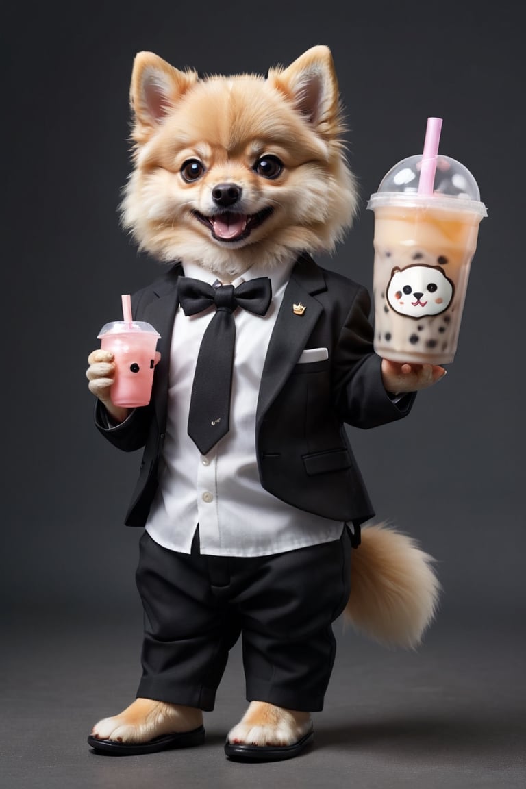 Masterpiece, high quality, A little baby pomeranian in black suit, cute baby face, white shirt, black pant, Black bow , black shoes, animal hand,animal feet, detail round head, holding a bubble tea pack, solid color background,Enhance,Retouch all bugs,Modern,Replay1988