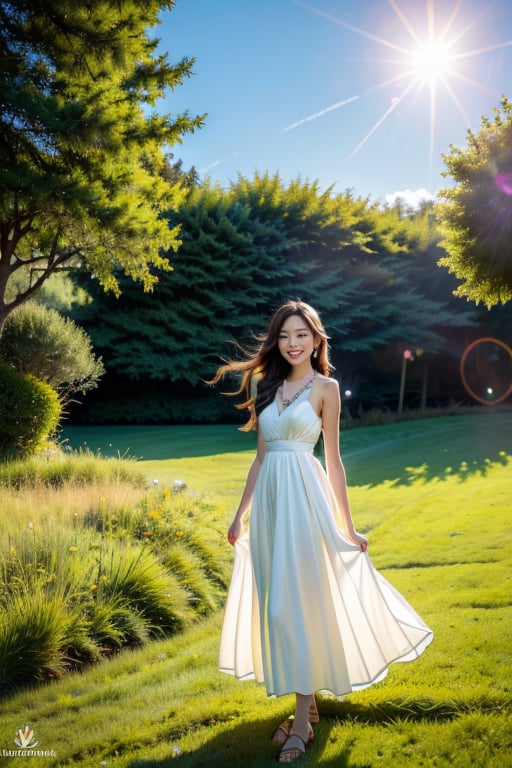 A masterpiece of a photograph captures a stunning young woman with long, flowing hair, standing tall amidst a vast grassland. She gazes directly into the camera lens, her bright smile and sparkling earrings, necklace, and sandals exuding warmth on this sunny day. The wind gently rustles her locks as she stands strong, surrounded by endless green, bathed in the warm glow of sunshine. Folk charm emanates from every aspect of this serene scene.