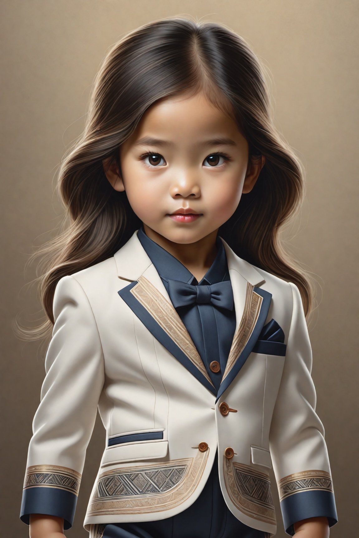 ((full body)) body_marking, highly detailed shot tribal version character of cute Vietnamese girl kid in elegant suits, masterpiece artwork, white accent, detailed face features, subtle gradients, extremely detailed, photorealistic, 8k, centered, perfect symmetrical, studio photography, muted color scheme, made with adobe illustrator, solid dark background 