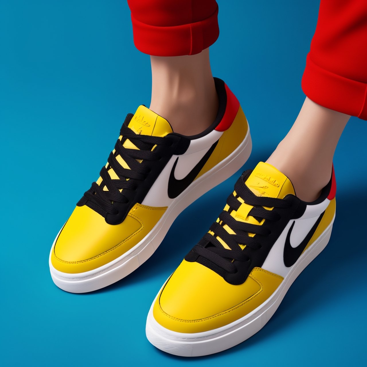 (Create a concept design through studio photography),(Showcasing sneakers with a unique and eye-catching design), (((inspired by Vietnam flag))),(in a commercial style),(placed against a bold blue background),(Render it in a cinematic, photorealistic manner),(ensuring it's available in an impressive 8K resolution).