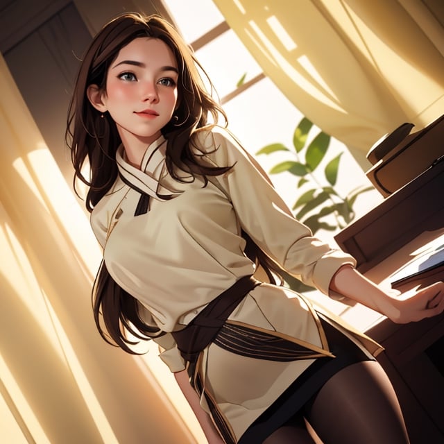 ,  portrait of one teen girl, 24 years old, medium breast, long brown hair, office lady, shy, introvert, light yellow background, high resolution, photorealistic, photo, realism, sharp photography, a photograph of, maximum detail, sharp focus, intricate details, ultra - realistic, cinematic lighting, volumetric lighting, photography, beautiful details, cinematic lighting, render, 8k, Portra 800 medium format film, 105mm SMC Takumar, 3200 dpi scan, mist, octane render, unreal engine, 8k, photorealistic, digital, detailed, extra fine details, award photo quality, photorealism, 8k, uhd, unreal engine, octane, highly realistic resolution uhd 8k octane,  smiling, floral patterned pantyhose, exposed nipples, exposed vagina, colorful_girl_v2,blurry_light_background,tutugp,realhands,n_2b,1girl, 1boy,solo,1 girl,Miss Grand International,Enhance