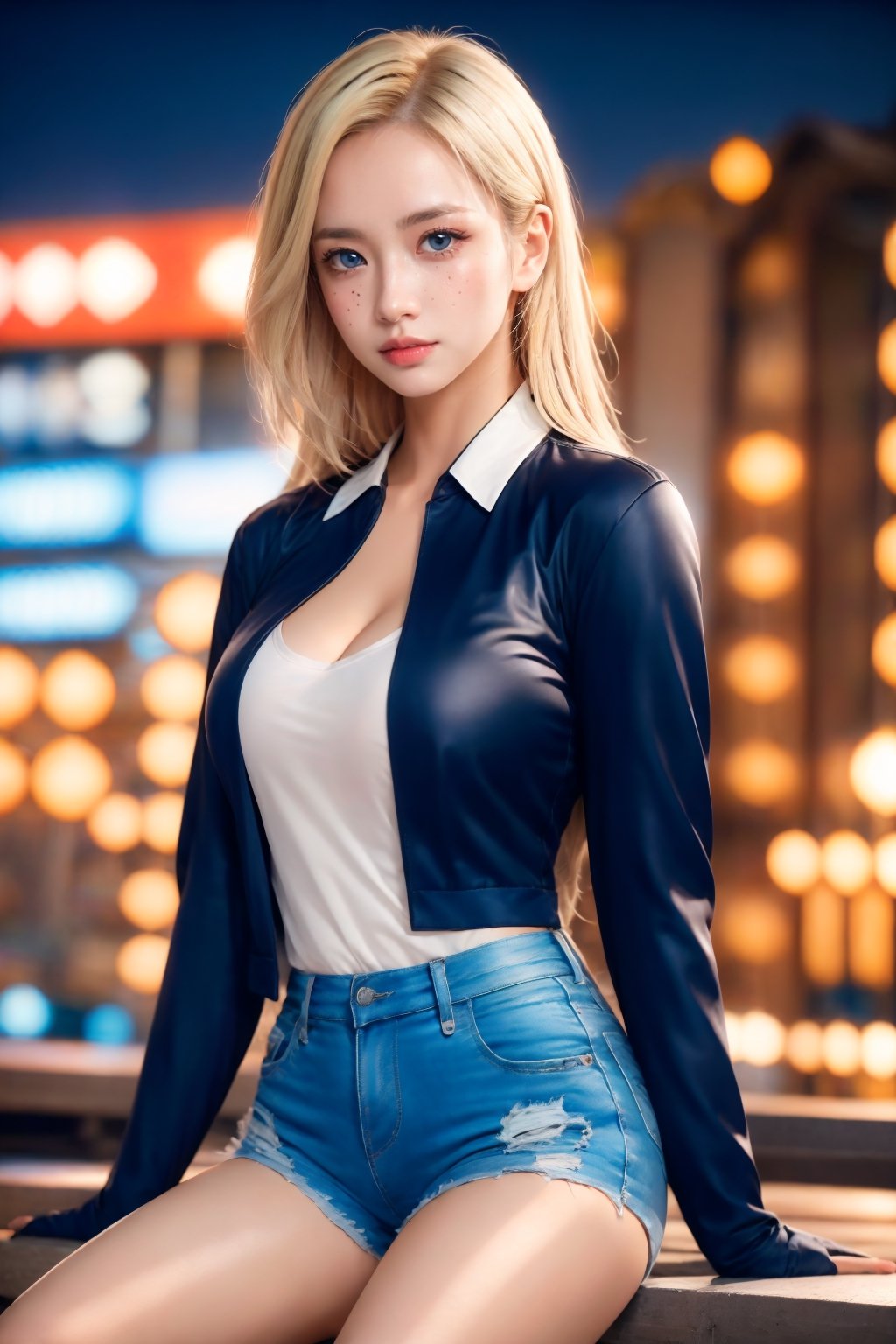1girl, solo, long hair, breasts, looking at viewer, blue eyes, blonde hair, shirt, long sleeves, cleavage, medium breasts, sitting, closed mouth, jacket, multicolored hair, outdoors, open clothes, shorts, day, collared shirt, blurry, lips, black shirt, short shorts, eyelashes, blurry background, arm support, white jacket, freckles, blue shorts, realistic, bench,JeeSoo ,Charm of beauty,Eurasian,Timeless beauty