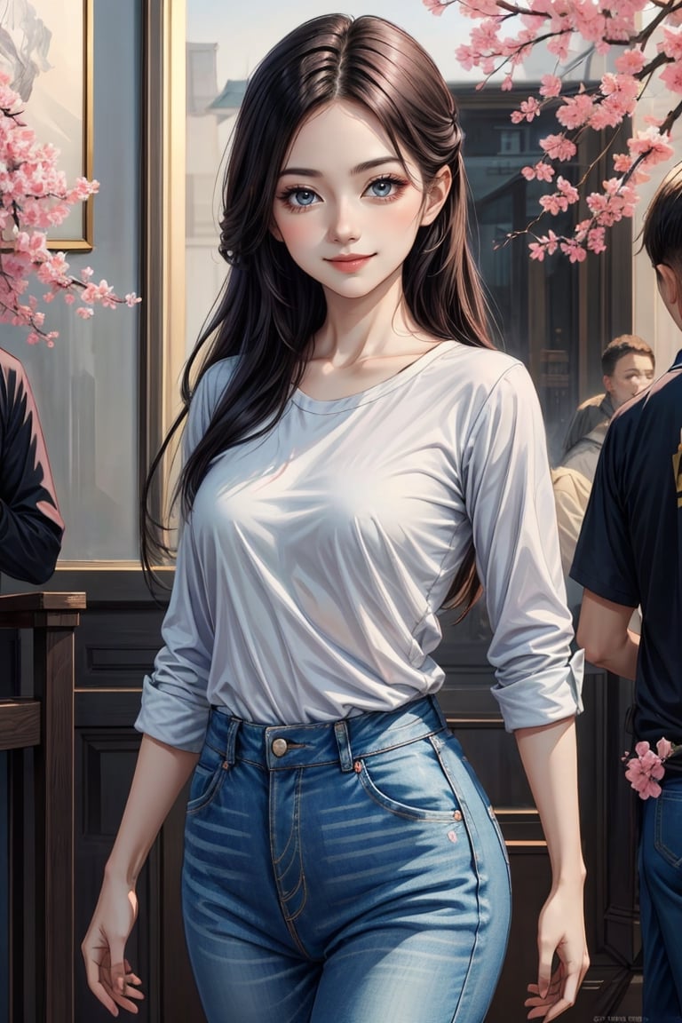 1girl, solo, long hair,  looking at viewer, smile, white shirt, jeans,,Confidence and pride,1 girl ,beauty,masterpiece,best quality,girl,pastel,inksketch,Asia,motion ,Add Art more,Enhance,Worldwide trending artwork