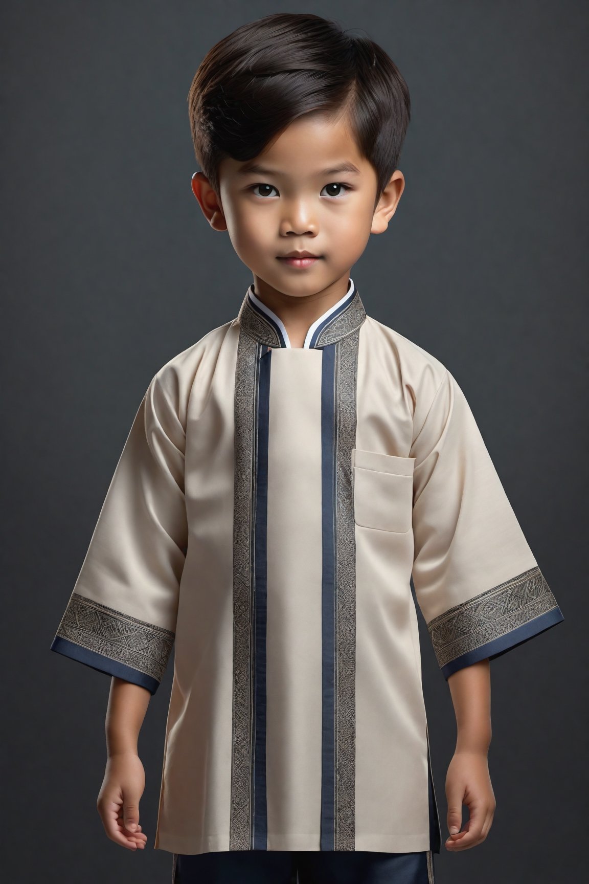 ((full body)) body_marking, highly detailed shot tribal version character of cute Vietnamese boy kid in aodai, masterpiece artwork, white accent, detailed face features, subtle gradients, extremely detailed, photorealistic, 8k, centered, perfect symmetrical, studio photography, muted color scheme, made with adobe illustrator, solid dark background 
