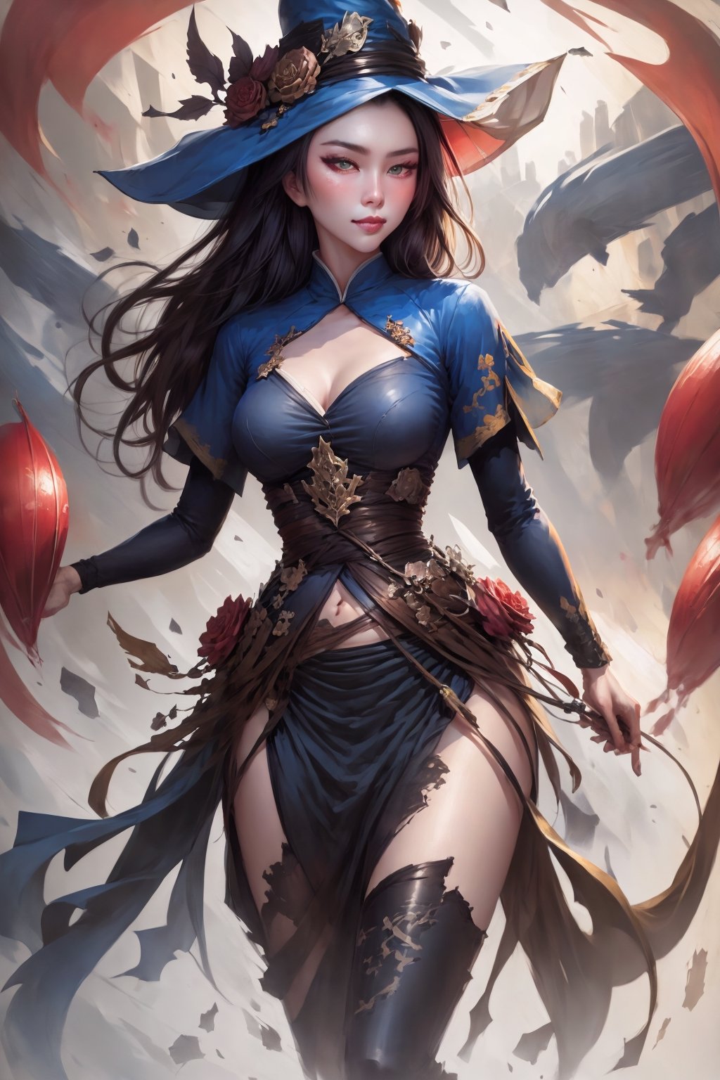 Create a detailed close-up illustration capturing the essence of a hat-wearing figure, drawing inspiration from rossdraws, fantasy artwork, and the aesthetics of a black witch hat,abstact,Enhance,NDP,Attractive Vietnamese Girl,motion 