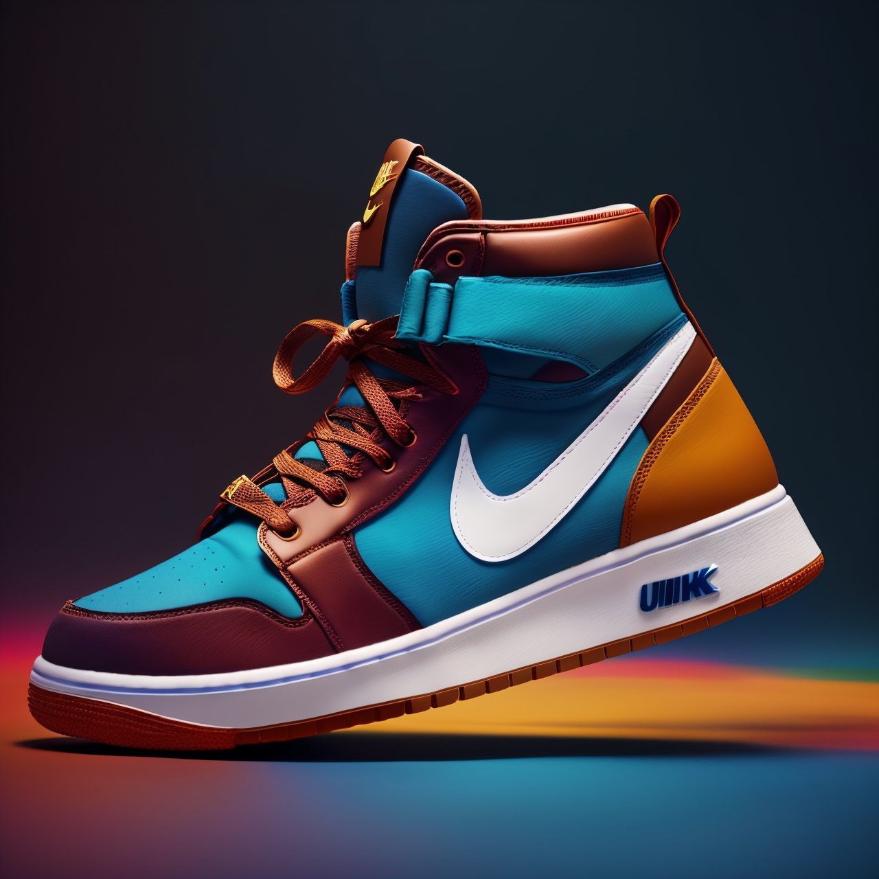(Create a concept design through studio photography),(Showcasing sneakers with a unique and eye-catching design, inspired by Vietnam flag),(in a commercial style),(placed against a bold blue background),(Render it in a cinematic, photorealistic manner),(ensuring it's available in an impressive 8K resolution).