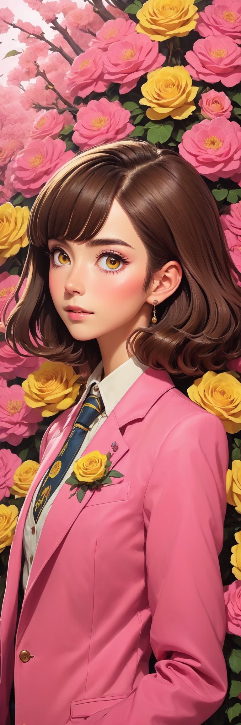 (Arielfstyle:1.0), Retro Ghibli scene, Light dream, terror, healing, Painting, lovecraftian, Ameinu, brown hair, pink jackets, symbols, blossom, high resolution, blazer, pink Eyes, yellow flower, yellow roses,, rozen, shirt, bun hair, White shirts, Halloween theme, style of Ghibli studio,masterpiece, best quality,HellAI,Enhanced All