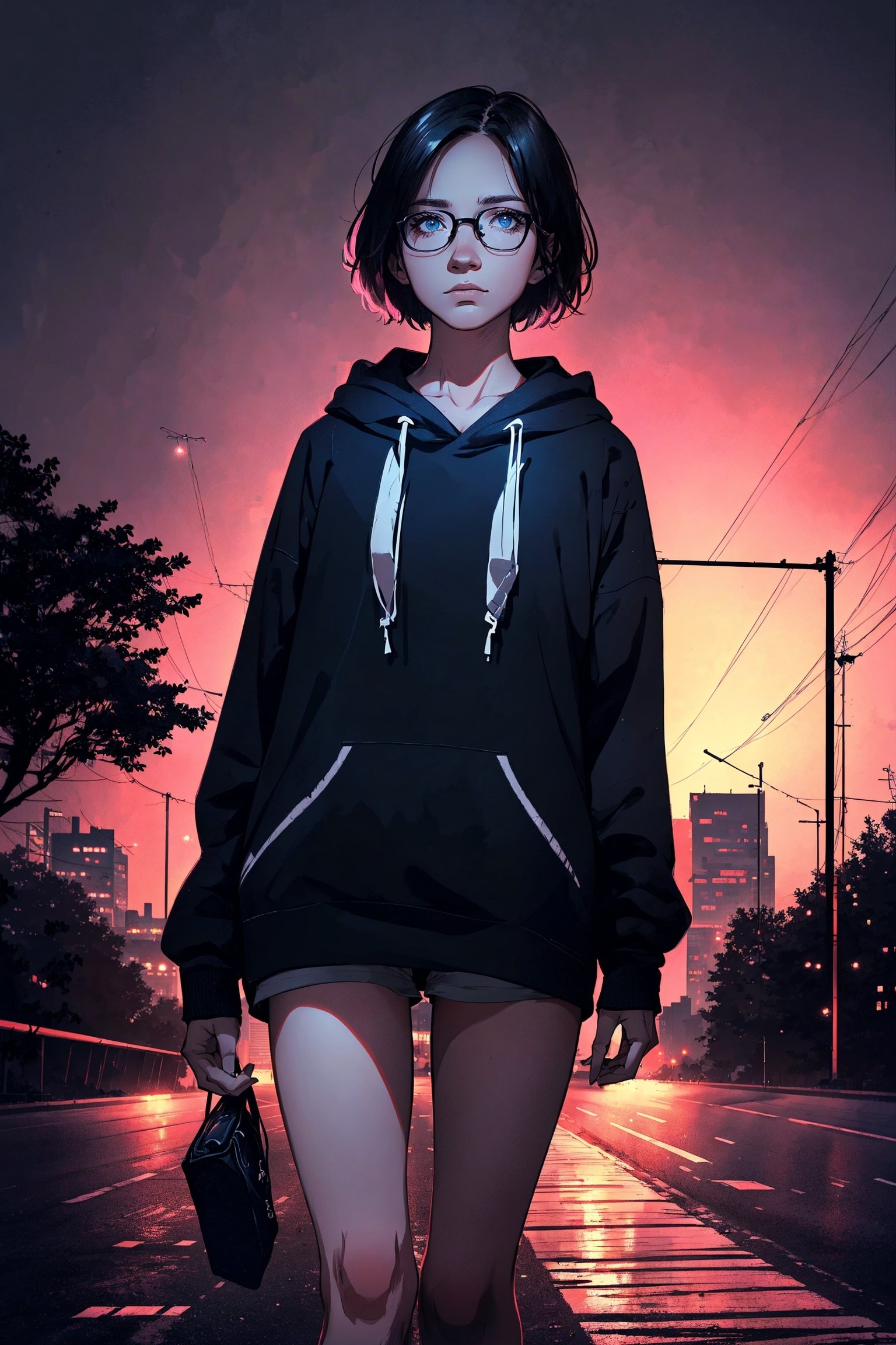 (masterpiece), best quality, high resolution, highly detailed, detailed background, perfect lighting,light blue eyes, medium breasts, cinematic, movie,  1student council girl with glasses and short hair in a pink hoodie (((on a highway at night with city in the background))), (((minimal light, dark moody atmosphere, cinematic,urban landscape))),Makeup,Enhance,SGBB,Wonder of Art and Beauty,wonder beauty ,Ani_Uni,Sketch