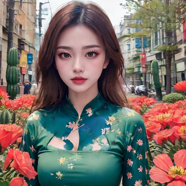 The portrait shows a woman wearing a green dress adorned with cactus-shaped patterns. She is surrounded by a collection of various cacti, some of which have bloomed with flowers. One cactus in particular has grown in the shape of her face, creating a humorous visual pun. Hào body portrait, .,Fashionista ,NDP,Enhance,Perfect Anything,Young beauty spirit ,Attractive Vietnamese Girl