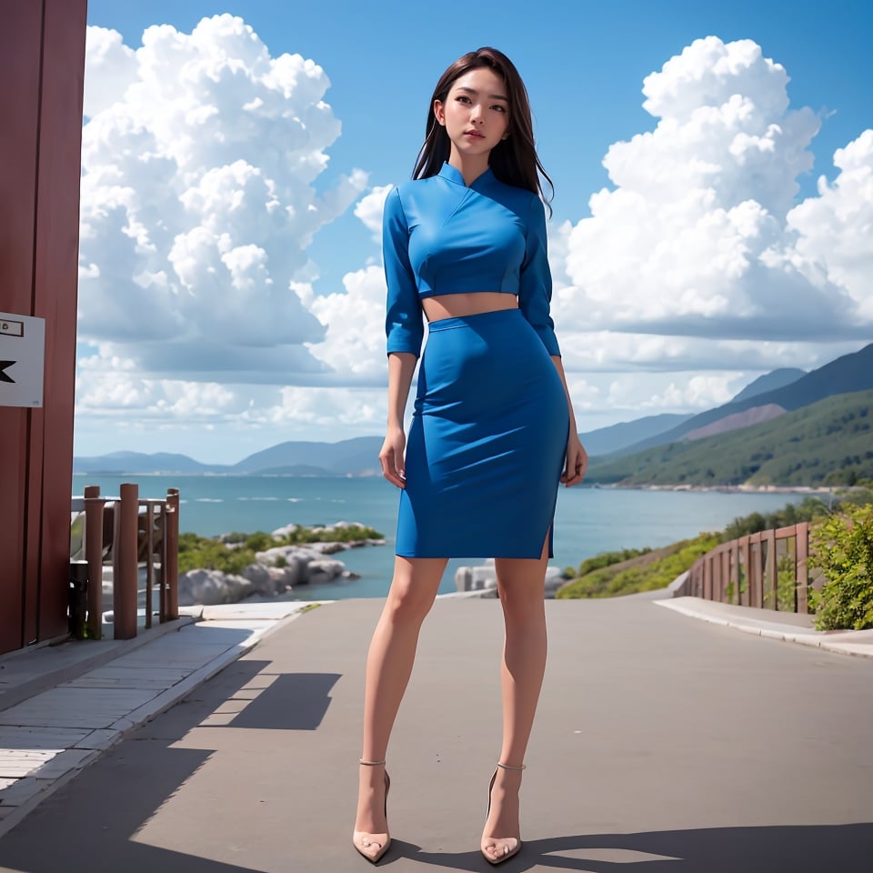 ((Full-Body Shot)), long shot scenic professional photograph in corporate style. 1female hot model, wearing ((blue elegant and sexy clothes)), full detail, perfect viewpoint, highly detailed, wide-angle lens, hyper realistic, with dramatic sky, polarizing filter, natural lighting, vivid colors, early morning sunlight, everything in sharp focus, HDR, UHD, 64K