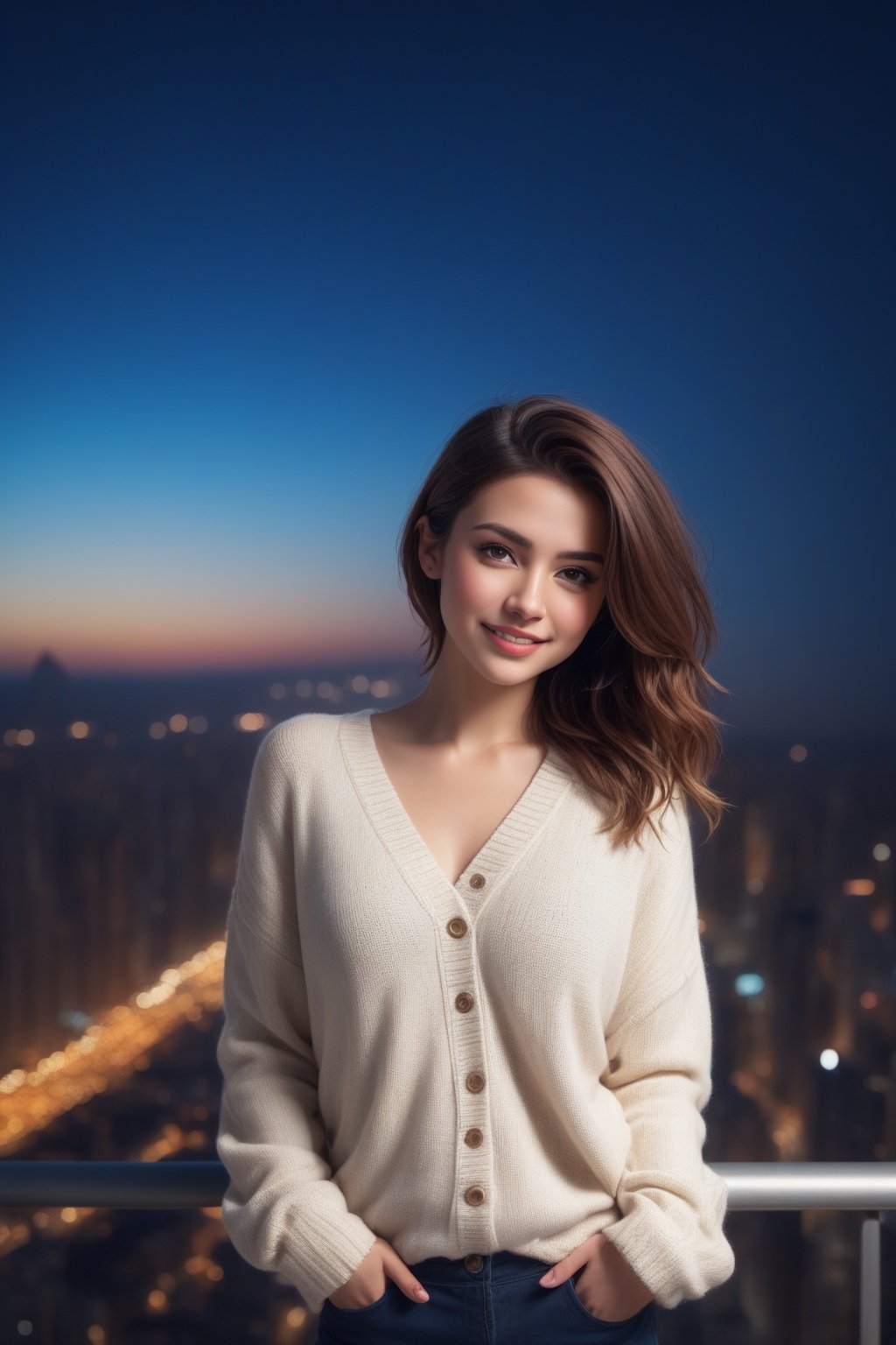 edgy pintAESPA Girl Solo,Cute face,hyperdetailed messy hair,Small Smile,taking off her chiffon button down shirt,Thigh,looking away,bustling cityscape,towering skyscrapers,starry sky,(best quality,4k,8k,highres,masterpiece:1.2),ultra-detailed,(realistic,photorealistic,photo-realistic:1.37),vivid colors,portraitserest woman, 26 years old, wearing a oversized sweater, happy, dimples, natural look, sunny, soft lighting, emotional, grainy, 
