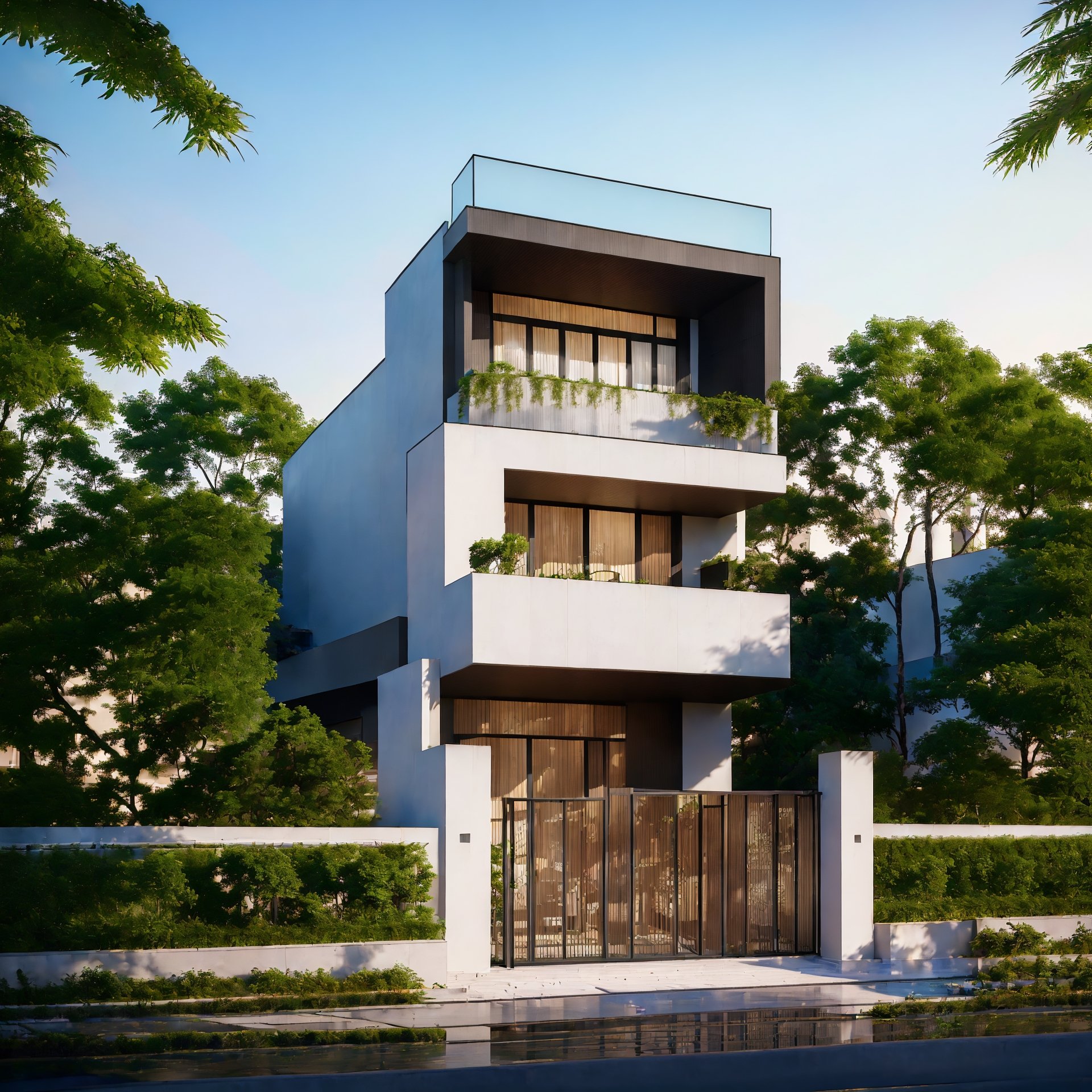 (best quality, masterpiece, high_resolution:1.5), a house town in Hanoi, Vietnam with wonderful and luxury exterior designing by Zaha Hadid. Black and golf are main colors,Inspired by the Gold