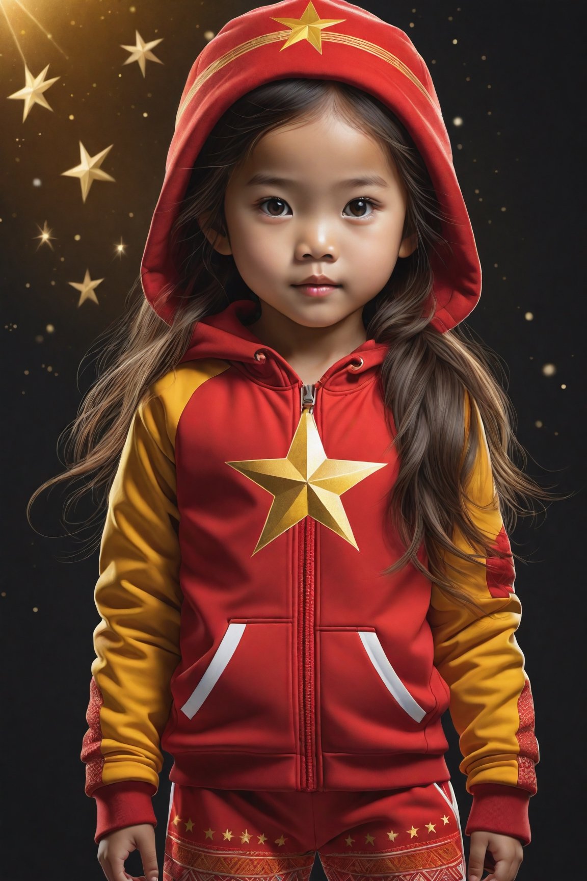 ((full body)) body_marking, highly detailed shot tribal version character of cute Vietnamese girl kid in Red mix Yellow winter sport outfit has a big golden star, masterpiece artwork, white accent, detailed face features, subtle gradients, extremely detailed, photorealistic, 8k, centered, perfect symmetrical, studio photography, muted color scheme, made with adobe illustrator, solid dark background 