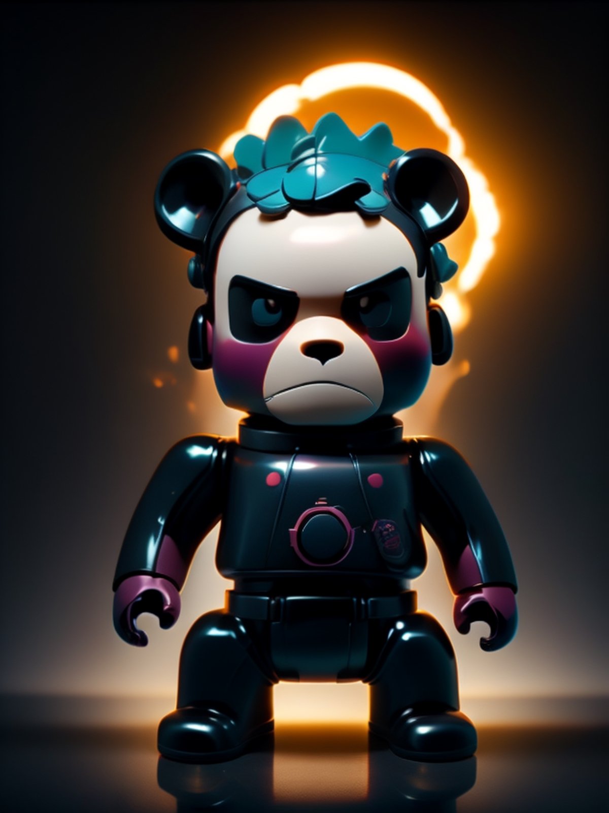 action pose toy by BearBrick. looking at the camera, pastel colors, glossy plastic, dark background, more detail, lighting intromedic 