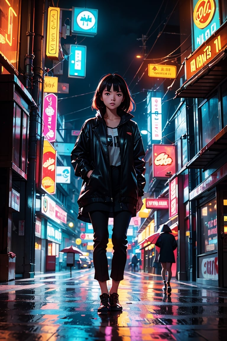 analog style| photograph of woman standing alone in the rain silhouetted by neon lights | Cyberpunk | Night City | Canon EF 50mm f/1.8 STM Lens | 2077 | realistic | hyperrealistic | raytracing | depth of field | full of color | cinematic | highly detailed | rim lighting,Enhance