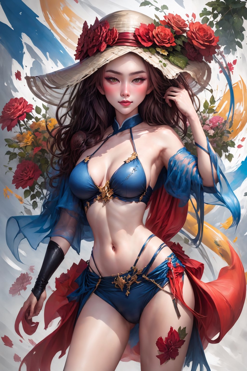 Create a detailed close-up illustration that captures the essence of a character wearing a bikini, inspired by Playboy, fantasy artwork and the aesthetic of a bikini, abstract, Enhanced, NDP, Miss Vietnamese girls are attractive and moving