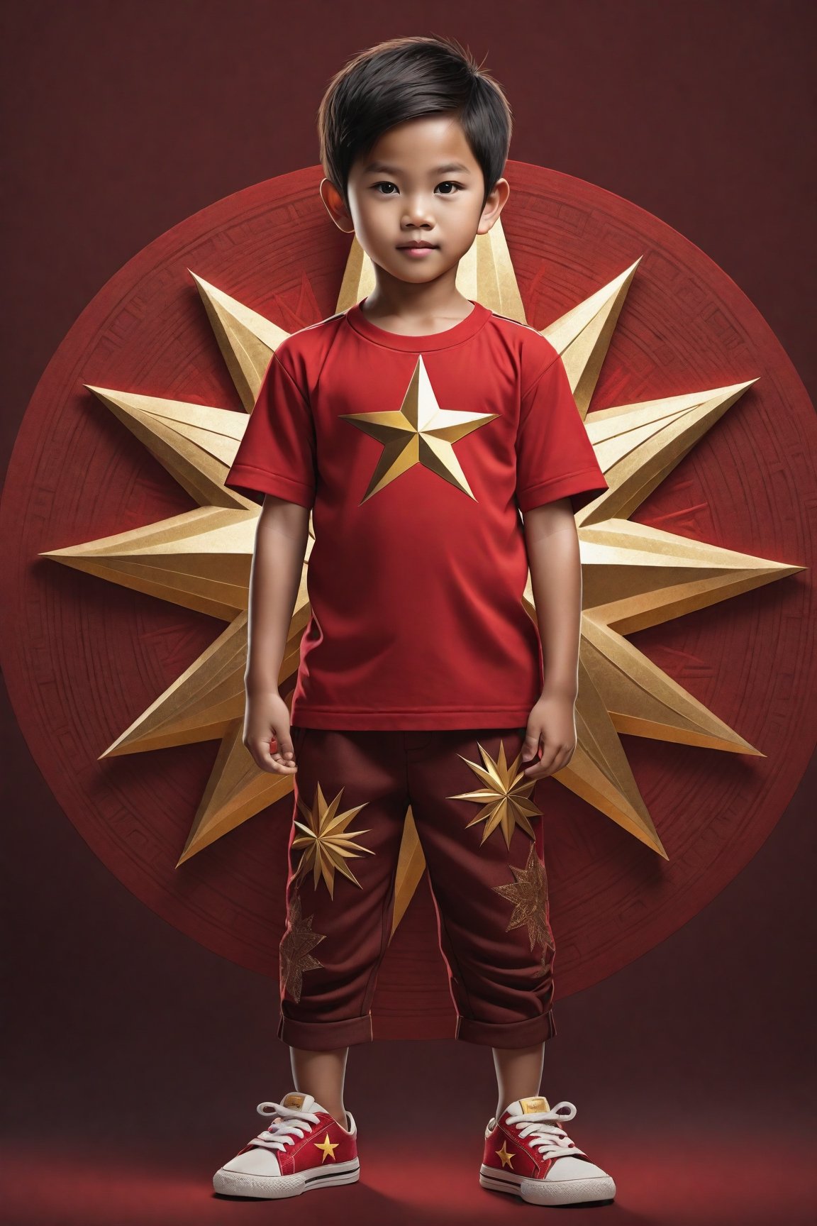 ((full body)) body_marking, highly detailed shot tribal version character of cute Vietnamese boy kid in Red shirt has a big golden star, masterpiece artwork, white accent, detailed face features, subtle gradients, extremely detailed, photorealistic, 8k, centered, perfect symmetrical, studio photography, muted color scheme, made with adobe illustrator, solid dark background 