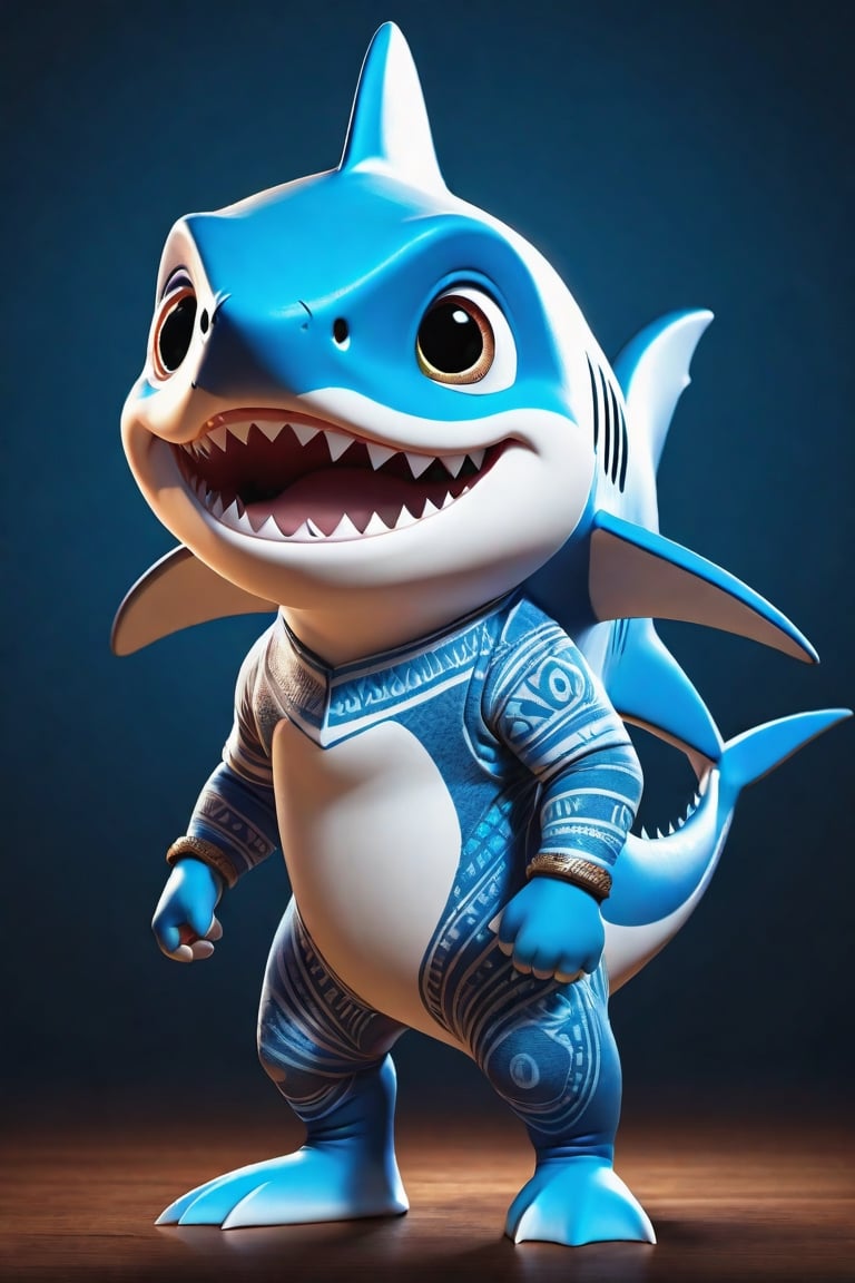 ((full body)) body_marking, highly detailed shot tribal version character of cute Baby Shark, masterpiece artwork, blue accent, detailed face features, subtle gradients, extremely detailed, photorealistic, 8k, centered, perfect symmetrical, studio photography, muted color scheme, made with adobe illustrator, solid dark background 
