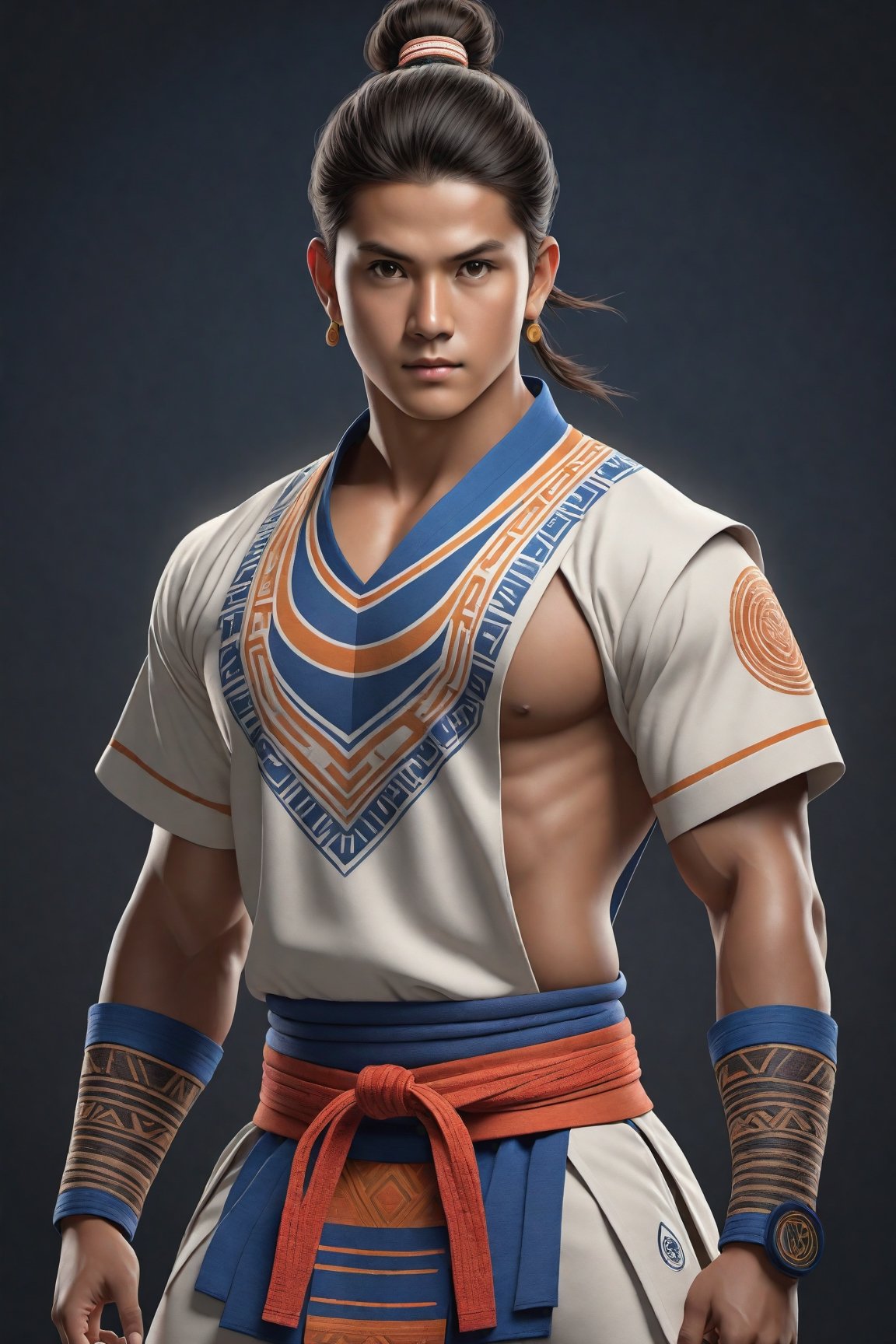 ((full body)) body_marking, highly detailed shot tribal version character of cute Vovinam trainer, masterpiece artwork, white accent, detailed face features, subtle gradients, extremely detailed, photorealistic, 8k, centered, perfect symmetrical, studio photography, muted color scheme, made with adobe illustrator, solid dark background 