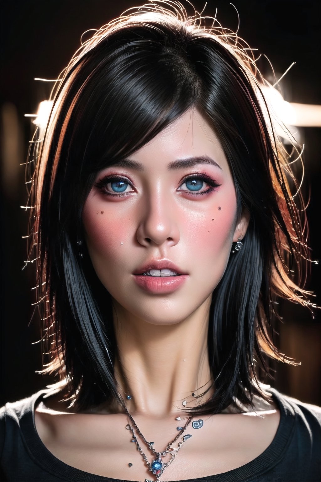   Generate hyper realistic close portrait of a beautiful girl, short messy black hair with a punk cut, dark background, orange t-shirt, very detailed beautiful eyes. Very detailed, provocative face, (dynamic provocative pose), soft colors artwork, hight detailed,wonder of beauty