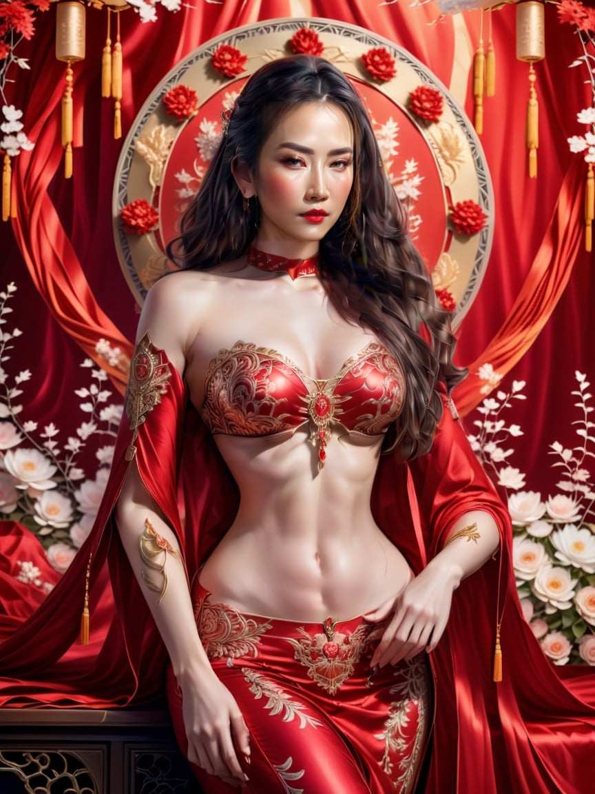 official art, unity 8k wallpaper, ultra detailed, beautiful and aesthetic, beautiful, masterpiece, best quality, (zentangle, mandala, tangle, entangle:0.4) The artwork features a fantasy chinese empress with the most sumptuous wedding hanfu dress made of (red silk:1.8) and richly embroidered with gold and silver threads, intricately carved golden badges and tassels, very large sleeves, golden jewels, along with an assortment of different floral patterns spread throughout. Finely intricated magic circles, (Intricately carved marble background:1.8). (woman, very long hair, full body shot, majestic pose ) ,horror,Wonder of Beauty,Melody