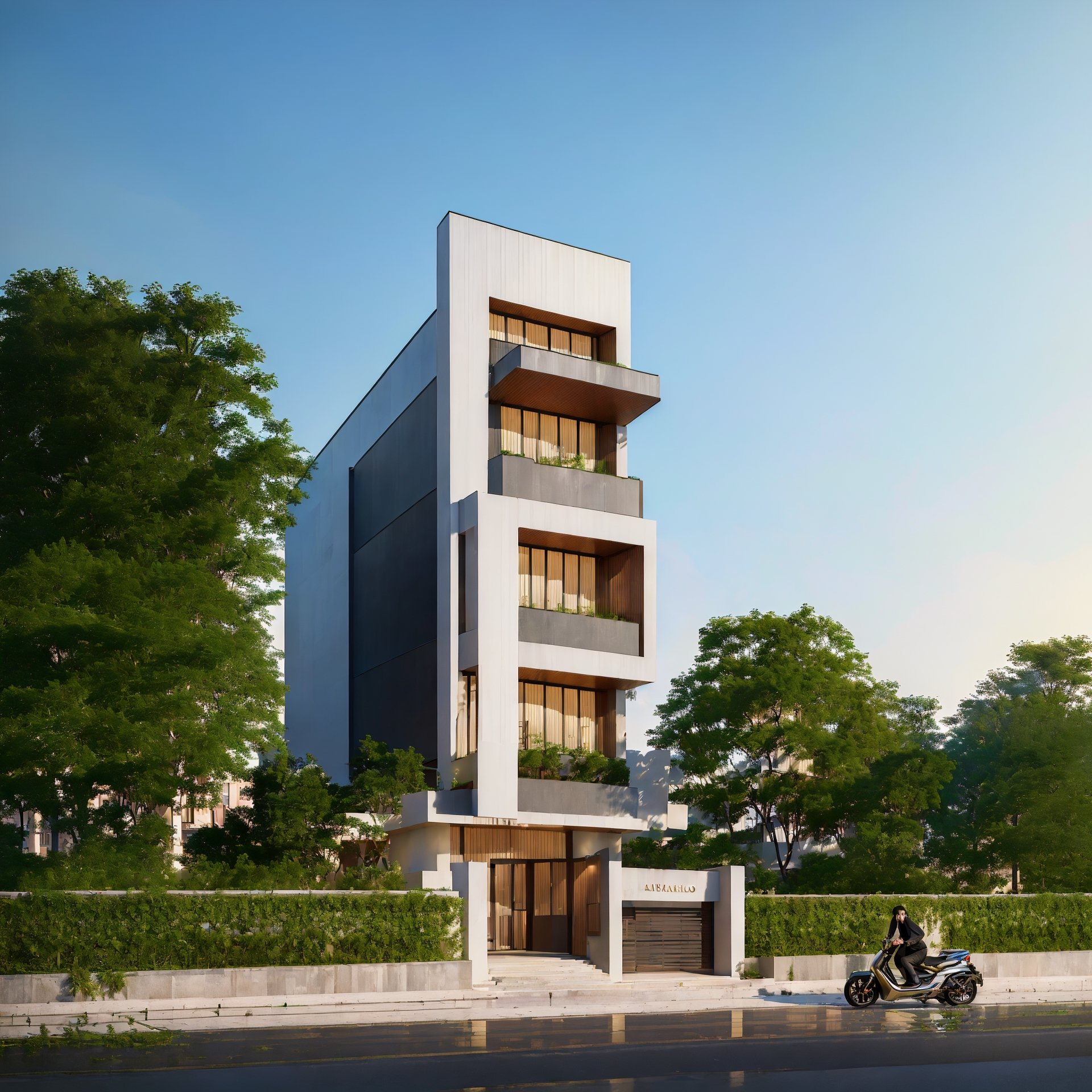 (best quality, masterpiece, high_resolution:1.5), a house town in Hanoi, Vietnam with wonderful and luxury exterior designing by Zaha Hadid. Black and golf are main colors,Inspired by the Gold