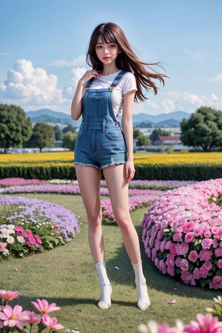 background is flower field,grass field,horizon,wind blowing,petals blowing,16 yo, 1 girl, beautiful girl,smile, wearing denim overalls skirt,long socks,standing on flower field,holding buquet, cowboy shot,very_long_hair, hair past hip, bangs, curly hair, realhands, masterpiece, Best Quality, 16k, photorealistic, ultra-detailed, finely detailed, high resolution, perfect dynamic composition, beautiful detailed eyes, ((nervous and embarrassed)), sharp-focus, full body shot,pink flower,flower.,Hyper,Attractive Vietnamese Girl