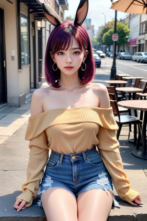 Generate hyper realistic image of a playful woman with bunny ears and an hourglass body, sitting at a table outdoors. Her long, purple hair is adorned with fake animal ears, and her parted bangs frame her face delicately. Dressed in a yellow off-shoulder shirt and a black miniskirt, she holds a cup with a drinking straw, her earrings glinting in the daylight.,Fashionista 