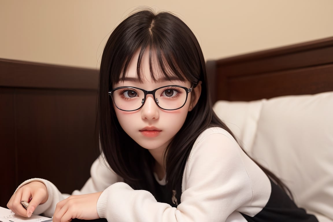 Young girl, 1'68 tall, weighs 58kg, white skin, wears glasses
