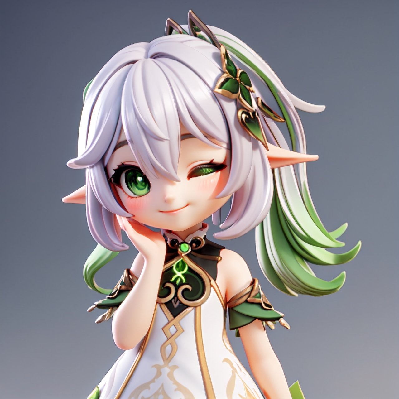 nahida \(genshin impact\), chibi, 3d, render, pvc, (right ponitail), green eyes, one eye closed, smile, high lights, light aura, best quality, masterpiece, a very delicate and beautiful, (one little and cute girl at the center:1.2), (solo:1.3), outdoors