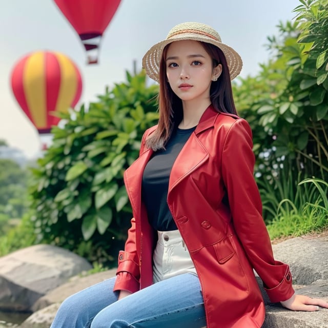 hight quality, realistic, hd, 8 k, beautiful face, araffe woman in red coat and hat sitting on rock with hot air balloons in the background, red fabric coat, red coat, red leather short coat, cool red jacket, full body black and red longcoat, dilraba dilmurat, red jacket, casual clothing style, red clothes, straw hat and overcoat, colorful with red hues,Sugar babe 