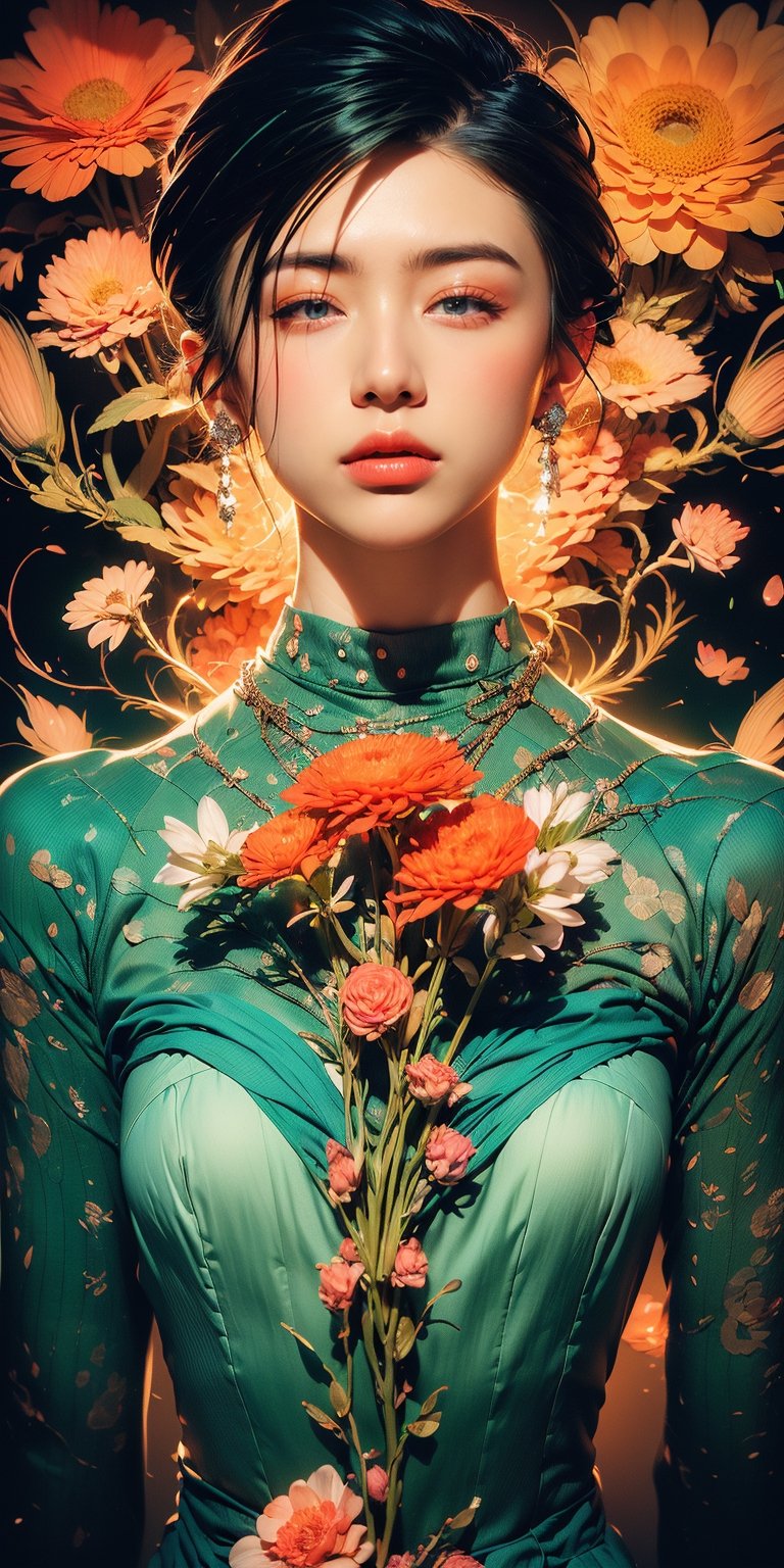 woman, flower dress, colorful, darl background,flower armor,green theme,exposure blend, medium shot, bokeh, (hdr:1.4), high contrast, (cinematic, teal and orange:0.85), (muted colors, dim colors, soothing tones:1.3), low saturation