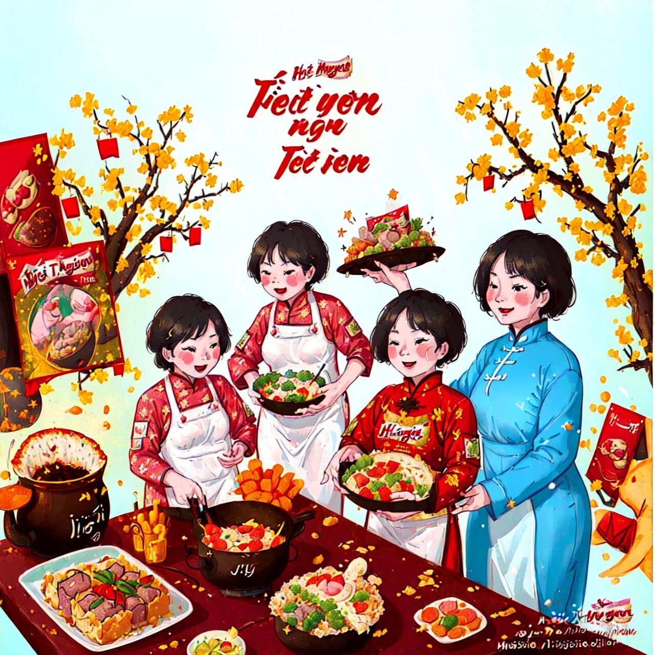 (best quality, masterpiece, high_resolution:1.5), Tet Viet, a Vietnamese family is preparing for the first meal of new year with Chung cake and many delicious foods, happy, best illustration,  in style of Vietnamese comic