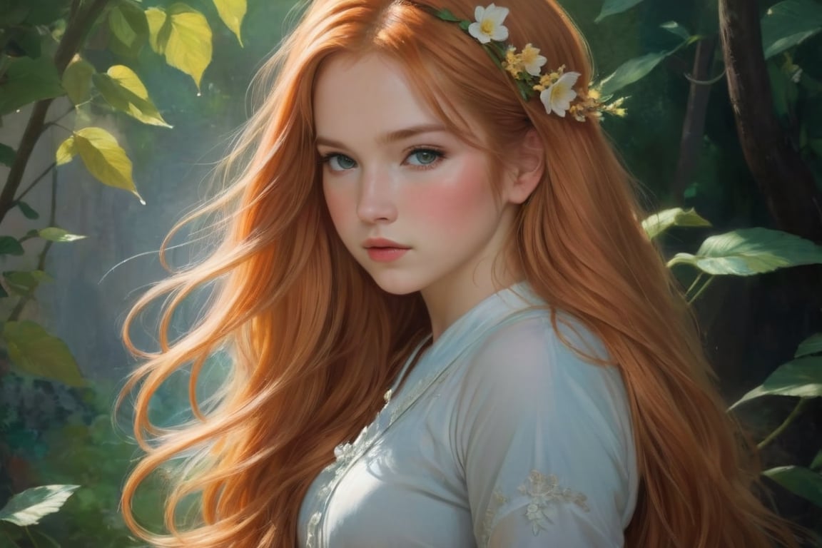 A breathtakingly beautiful portrait of a cute young girl with very long reddish-blonde hair. She possesses an adorable face and a captivating figure, making her the embodiment of perfection. The artwork is intricately detailed, taking inspiration from famous artists such as Renoir, Sorolla, Degas, and Manet, while also drawing from Studio Ghibli's enchanting style. This mesmerizing image is brought to life with stunning cinematic lighting, resulting in an incredibly vivid and atmospheric scene. Collaborated by talented artists Krenz Cushart, Ashley Wood, Charlie Bowater, and Craig Mullins, the artwork showcases impeccable accuracy and detailing throughout, making it a standout piece that captures everyone's attention on platforms like ArtStation and trends online.,Vietgirl