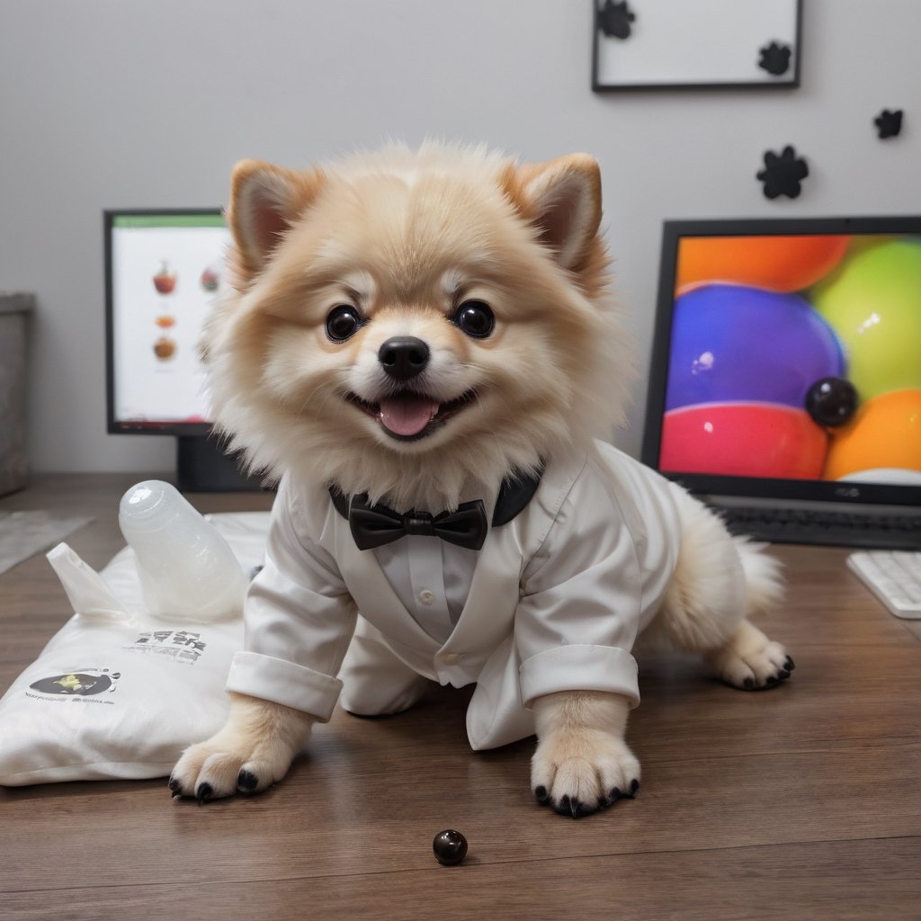 Masterpiece, high quality, happy photography, A pomeranian head baby boy in black suit, realistic leathershead, white shirt, black pant, Black bow , black shoes, animal hand,animal feet, detail leather head, holding a bubble tea pack, solid color background,Enhance,Retouch all bugs,Modern
