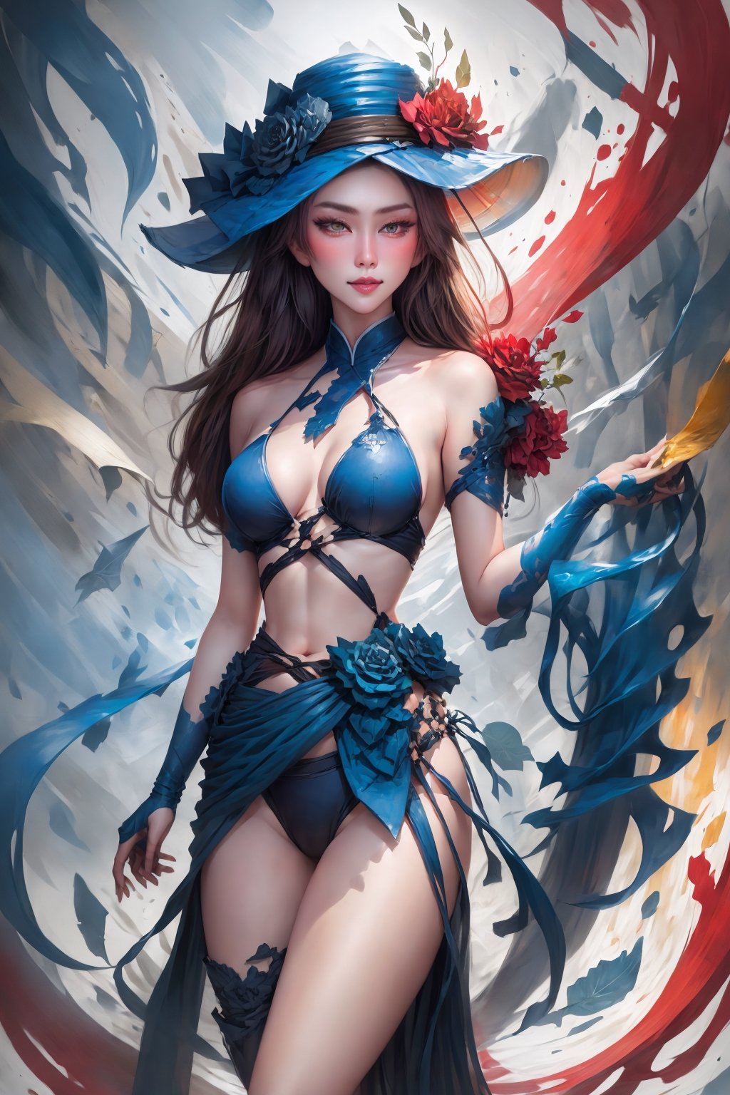 Create a detailed close-up illustration that captures the essence of a character wearing a hat, inspired by Playboy, fantasy artwork and the aesthetic of a bikini, abstract, Enhanced, NDP, Miss Vietnamese girls are attractive and moving
