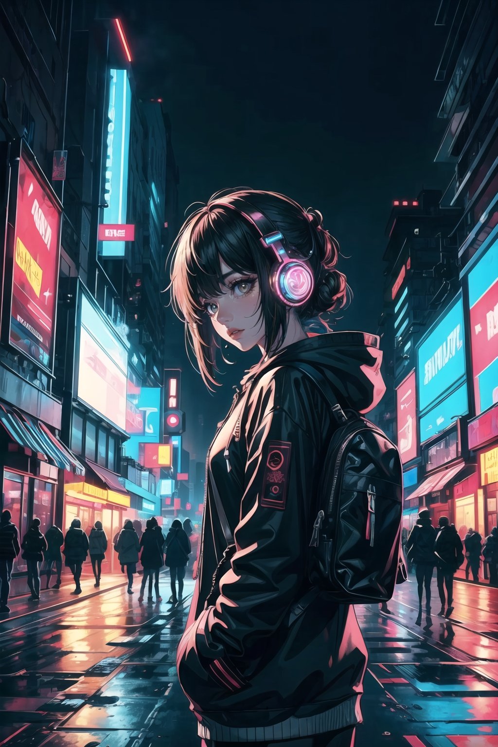 Dreampolis, hyper-detailed digital illustration, cyberpunk, single girl with techsuite hoodie and headphones in the street, neon lights, lighting bar, city, cyberpunk city, film still, backpack, in megapolis, pro-lighting, high-res, masterpiece