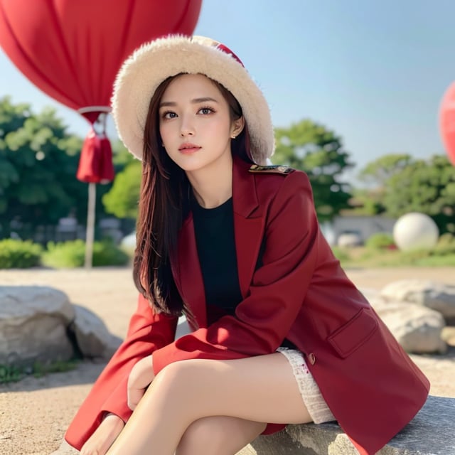 hight quality, realistic, hd, 8 k, beautiful face, araffe woman in red coat and hat sitting on rock with hot air balloons in the background, red fabric coat, red coat, red leather short coat, cool red jacket, full body black and red longcoat, dilraba dilmurat, red jacket, casual clothing style, red clothes, straw hat and overcoat, colorful with red hues,Sugar babe ,perfect split lighting