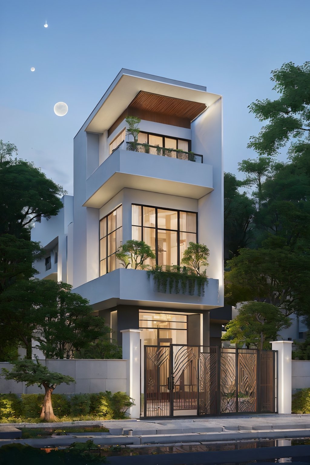 (best quality, masterpiece, high_resolution:1.5), a house town in Hanoi, Vietnam with wonderful and luxury exterior designing by Zaha Hadid. Glass and trees make the facede of this 5 layers house look awesome . Night light from lamps and moon.,Thai style roof,Wonder of Art and Beauty