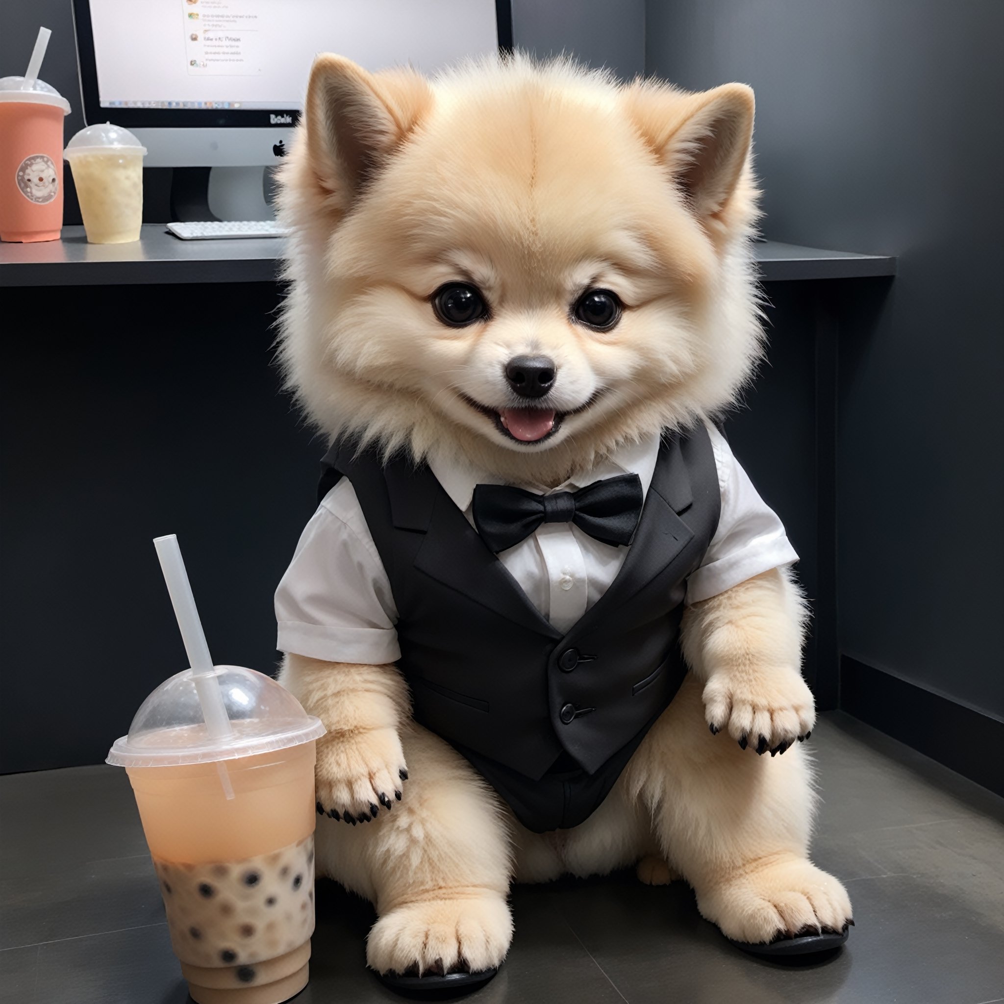 Masterpiece, high quality, A little baby pomeranian in black suit, cute baby face, white shirt, black pant, Black bow , black shoes, animal hand,animal feet, detail round head, holding a bubble tea pack, solid color background,Enhance,Retouch all bugs,Modern