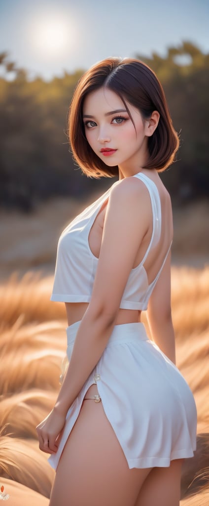 A majestic portrait of femininity: A stunning young woman, with dark tan skin and striking features, exudes confidence as she poses amidst a serene desert oasis. Her parted lips curve into a gentle smile, framing her face beneath soft blush-kissed cheeks. Silky hair is swept back in a high ponytail, secured by a sleek headpiece that complements her radiant beauty. A flowing white skirt with gem-like hooks and a short crop top showcase her athletic yet curvy figure against the sun-kissed dunes. The camera's focus captures every detail of her stunning makeup, as she stands majestically amidst a tranquil landscape.,Wonder of Art and Beauty,Perfect Anything